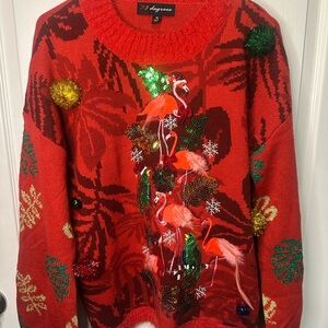 33 Degrees Festive Tropical Christmas Red Flamingo Sweater Woman’s Size Medium